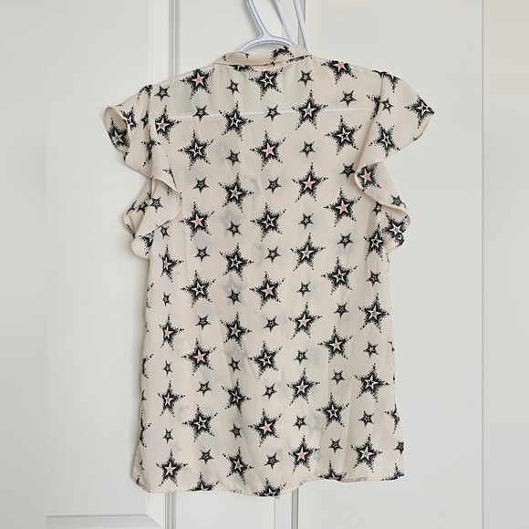 Zara Star Print Tie Neck Ruffle Sleeve Blouse - Picture 2 of 7